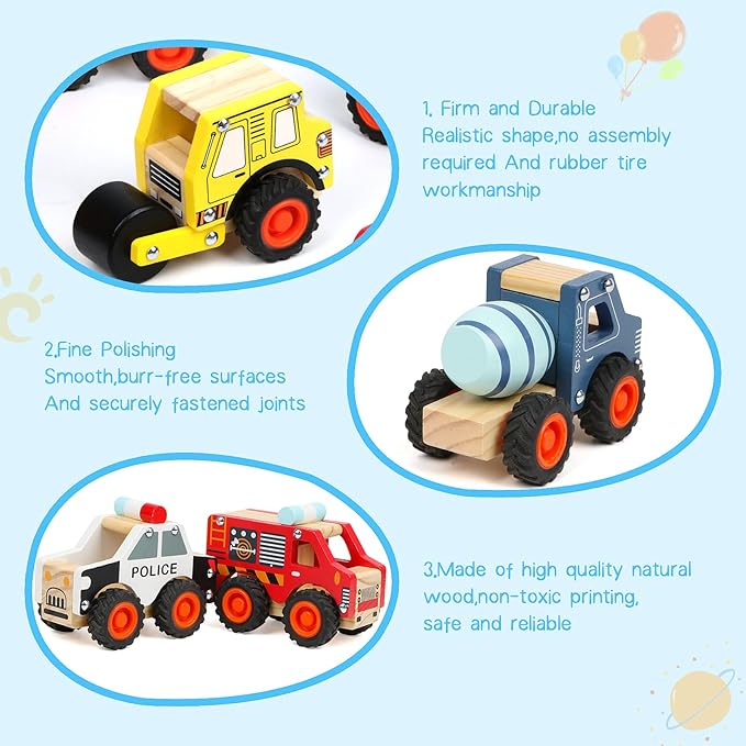 6Pcs Wooden Cars for Toddlers 1-3, Push and Go Vehicles, Kid Toys, Hand Push Cars for 1+ Year Old, Montessori