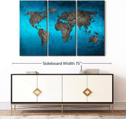 ElephantStock Ocean World Map Multi Piece Canvas - 3 Panel Wall Decor - Map of the World Art - Canvas for the Office and Home - 65" X 42"