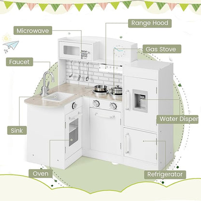 Costzon Corner Kids Kitchen Playset, 8-in-1 Wooden Toy Kitchen Set with Realistic Microwave, Oven, Stove, Refrigerator, Range Hood, Pretend Play Kitchen for Toddlers Boys Girls