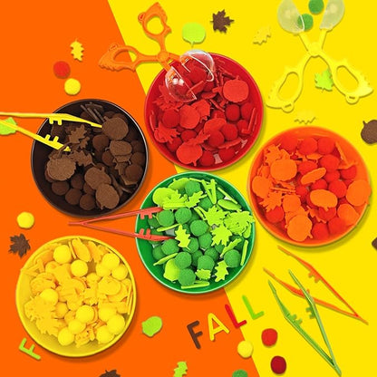 211 Pcs Fall Sensory Bin Filler Fall Sensory Bin Items Fine Motor Toys Counting Sorting 100 Pom Poms 100 Fall Felt Leaves Pumpkin 5 Sorting Cup for Fall Sorting Counting Training