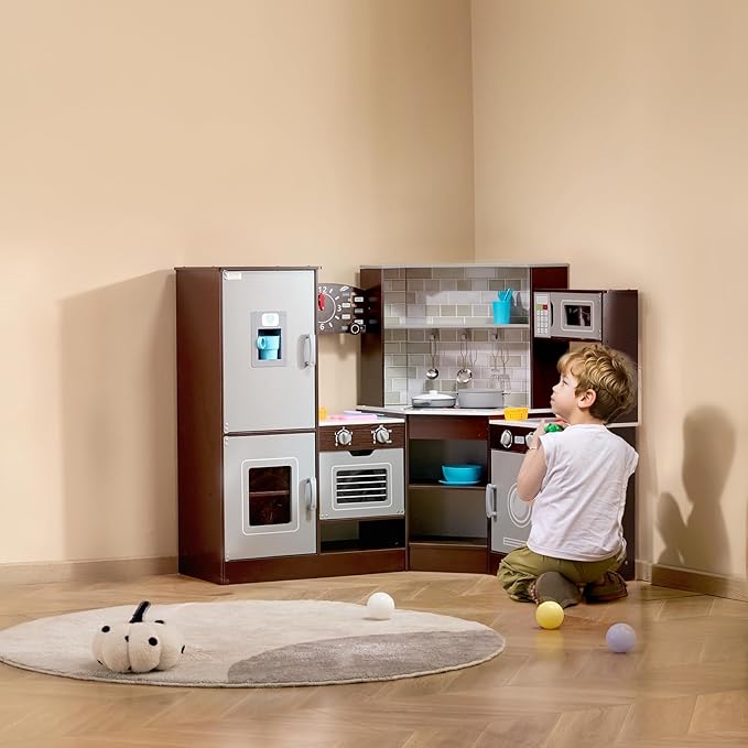 VEVOR Interactive Wooden Toy Play Kitchen Playset for Kids with Lights and Sounds, Corner Design with Ice Maker, Oven, Sink, Clock, Microwaves, Refrigerator and Accessories, for Girls & Boys, Brown