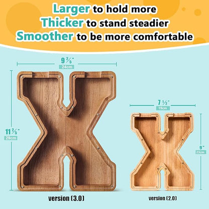 Summidate Customized Name Extra Large Wooden Piggy Bank for Kids Boys Girls Alphabets Letter A-Z Coins Bills Money Change Saving Box Clear Cover (Laser Engraved) Educational Toys 12"- Letter X