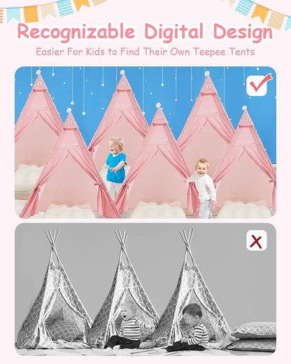 6 Pack Teepee Tent for Kids with Inflatable Airbed, Light, Toddler Tent Children Room Tents, Slumber Party Sleepover Tents, Indoor Outdoor Kids Playtent Playhouse for Girls & Boys