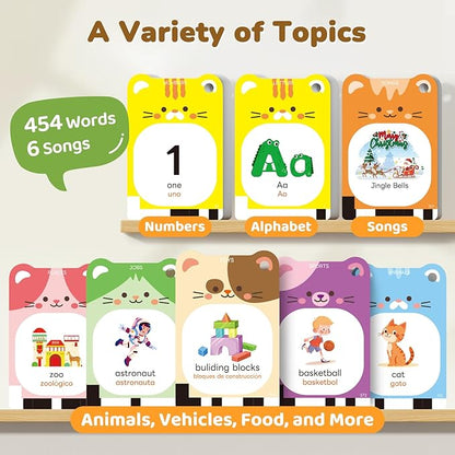 JoyCat Spanish & English Bilingual Talking Flash Cards for Toddlers 1-5, 454 Words with Durable Thick Cards, Easy to Slide in and Out, Speech Therapy Toys, Birthday Gifts for Boys Girls