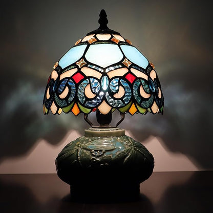 Small Tiffany Lamp Mushroom Table Lamp, Mini Stained Glass Desk Light Memory Sympathy Ceramic lamp 8X11 Inch (Sapphire Style)
