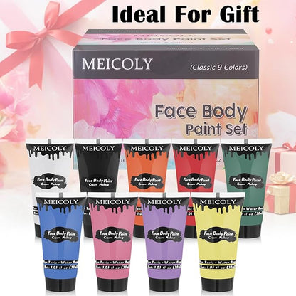 MEICOLY 9 Colors Face Body Paint Set,1.01x9oz/Box,Water Based Washable Face Paint for Adult Kid,Elphaba Green Face Paint,Safe Body Paint for Skin,Red White Blue Face Painting Kit for Halloween Makeup