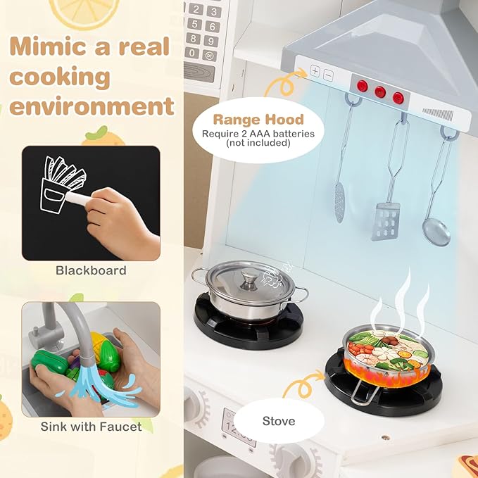 HONEY JOY Corner Play Kitchen, Large Wooden Pretend Toy Kitchen Set w/Lights, Ice & Coffee Maker, Range Hood, Chalkboard, Microwave, Cookware, Little Chef Kids Kitchen Playset for Toddlers (White)