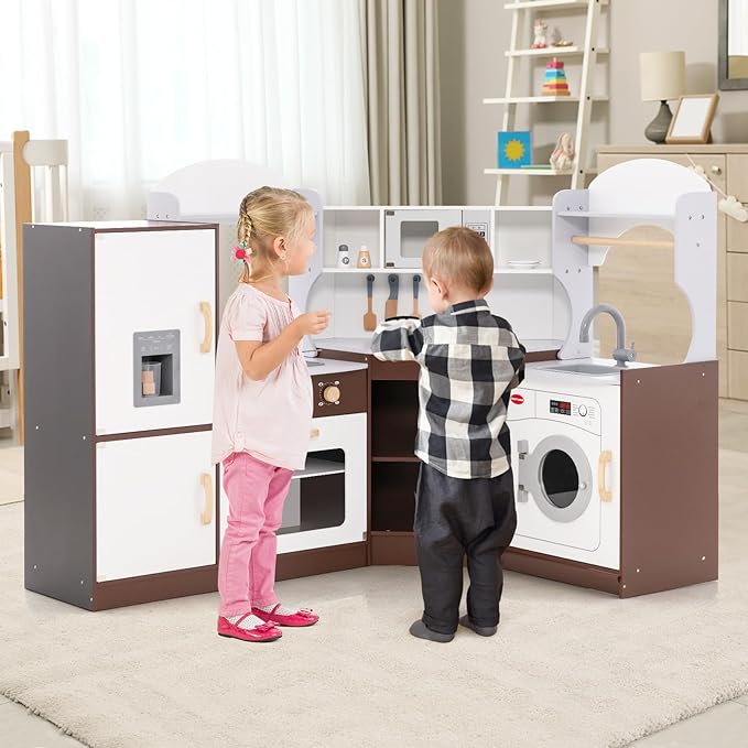Costzon Corner Kids Kitchen Playset, Wooden Play Kitchen with Sounds & Lights, Washing Machine, Ice Maker, Microwave, Oven, Sink & Faucet, Pretend Toy Kitchen Set for Toddler, Gift for Boys Girls