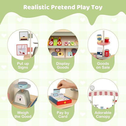 HONEY JOY Kids Food Cart, 30-Piece Toddler Pretend Play Grocery Store Playset w/Cash Register & Scale, Wooden Dessert Shop Play Market, Children Beverage Stand Cart w/Wheels, Gift for Boys Girls