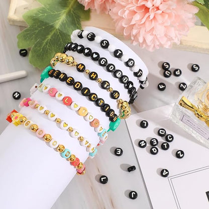 Letter Beads, DECYOOL Acrylic Alphabet Beads with 1 Roll Elastic String for Bracelet Necklace Jewelry Making Supplies (Black White)