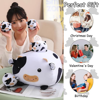 SQEQE Cow Stuffed Animal 5 in 1, Cute Cow Plush Bedtime Toys, Ultra Soft Dairy Cattle with 4 Babies Inside, Milk Cows Soft Plushies Pillow Gift for Kids Birthday Christmas Valentine's