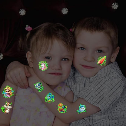 Glow in Dark 3D Temporary Tattoos for Kids, 117 Unicorn Mermaid Truck Dinosaur Space Cartoon Animal Waterproof Fake Tattoos, Luminous Small Stickers for Boys Girls Birthday Party Favor