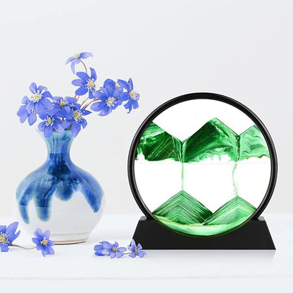 Moving Sand Art Picture - 3D Quicksand Painting Decor - Round Glass 3D Deep Sea Sandscape - Relaxing Home Decoration Desk Toys for Home Office Desk Mantle Bookshelf- (Green, 12 in)