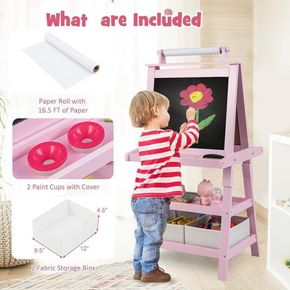 Costzon Kids Art Easel, 3 in 1 Double-Sided Painting Easel w/Magnetic Whiteboard, Chalkboard & Paper Roll, 2-Tier Storage Rack & 2 Boxes, Standing Easel for Kids, Toddlers, Gift for Boys, Girls