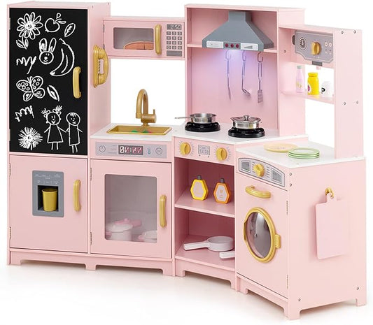 GLACER Corner Wooden Play Kitchen for Kids, Large Pretend Play Kitchen Playset with Sound, Light, Chalkboard, Microwave, Ice Maker, Washing Machine, Accessories, Toy Kitchen Set for Ages 3+ (Pink)