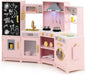 GLACER Corner Wooden Play Kitchen for Kids, Large Pretend Play Kitchen Playset with Sound, Light, Chalkboard, Microwave, Ice Maker, Washing Machine, Accessories, Toy Kitchen Set for Ages 3+ (Pink)