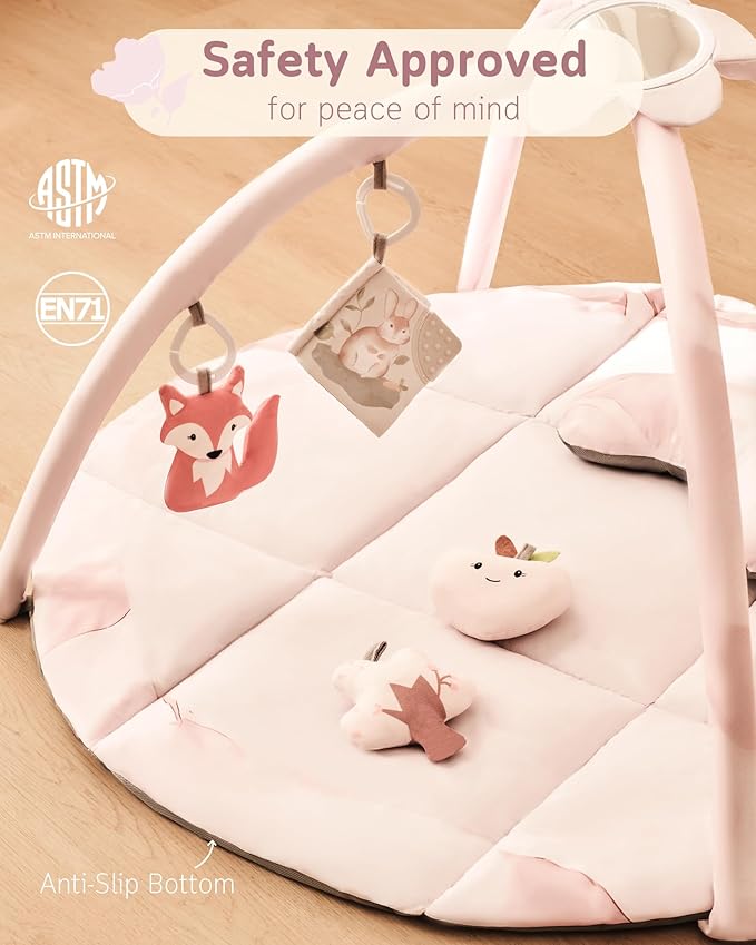 Fortella Baby Play Gym & Activity Mat, Tummy Time Mat w 5 Detachable Toys and Pillow, Large Sensory Playmat for Floor, Newborn Infant Baby Essentials Shower Gift 0-3-6-9-12 Months (Rose Pink)