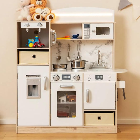 HONEY JOY Kids Kitchen Playset with Lights, Wooden Little Chef Toy Kitchen Set w/2 Storage Bins, Coffee Maker & Microwave & Ice Maker & Oven, Play Kitchen for Toddlers, Gift for Boys Girls (Natural)