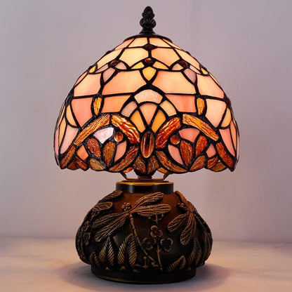 WERFACTORY Small Tiffany Lamp Desk Pink Stained Glass Baroque Mushroom Table Lamp Bronze Mini Accent Lamp W8H11 Inch S003P Series