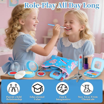 Pretend Makeup Kit for Kids 3-5, Blue Fake Makeup Set for Toddlers Girls, Play Makeup Gifts for Little Girls Age 3 4 5 6 7 Year Old, Make Up Toys Birthday (Blue)