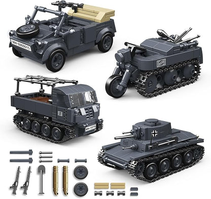 4 IN 1 WW2 Army Tanks Toy Building Block Set(1089 Pcs),Compatible with Lego,Create German 38T-A Light Tank&3 German Style Small Military Vehicles Models Great Military Toy Gift for Boy Age 6+ Year Old