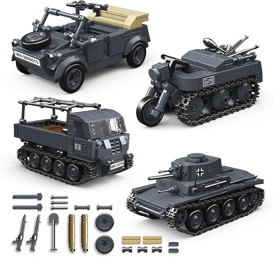 4 IN 1 WW2 Army Tanks Toy Building Block Set(1089 Pcs),Compatible with Lego,Create German 38T-A Light Tank&3 German Style Small Military Vehicles Models Great Military Toy Gift for Boy Age 6+ Year Old