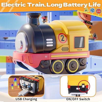 Magnetic Track Car Toys, 101PCS Flexible Race Car Track Sets for Toddlers with Electric Train, Traffic Signs, Kids Train Set Toys for 3 4 5 6 7 8 Year Old Boys Girls Birthday Party Gift-Large