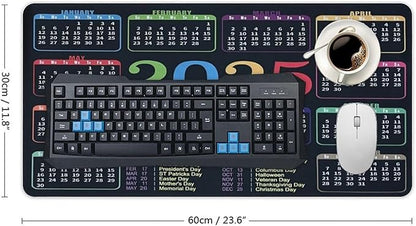 Black Calendar 2025 Desk Pad, Gaming Mouse Pad, Non-Slip Rubber Base, Stitched Edges，23.6x11.8 inch Computer Mouse Mat Keyboard for Home Office