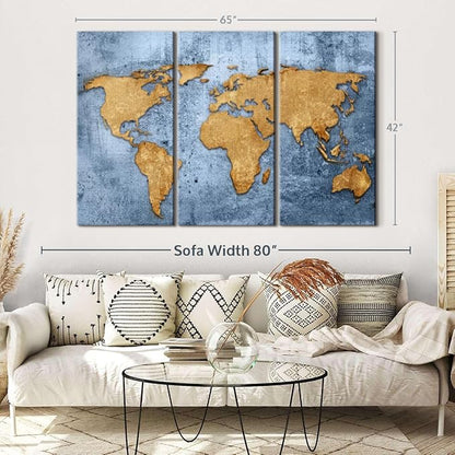 ElephantStock Azure World Map Wall Art Multi Piece Canvas - 3 Panel Wall Decor - Map of the World Art - Canvas for the Office and Home - 65" X 42"