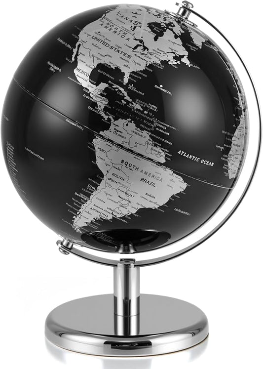 8" World Globe, Black Earth Globe with Silver Accents, Metal Stand, Non-slip Base & Time Zone, Decorative Tabletop Desk Globes for Classroom, Office & Home