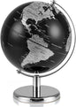 8" World Globe, Black Earth Globe with Silver Accents, Metal Stand, Non-slip Base & Time Zone, Decorative Tabletop Desk Globes for Classroom, Office & Home