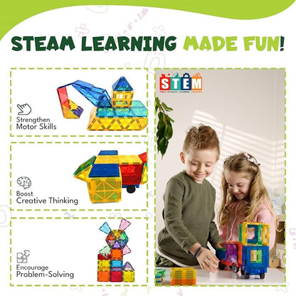 Magnetic Tiles 150 PCS with 2 Cars - STEM Building Blocks for Kids,Safe Magnatiles for 3+ Preschool Toddlers, Educational Gift for Boys & Girls