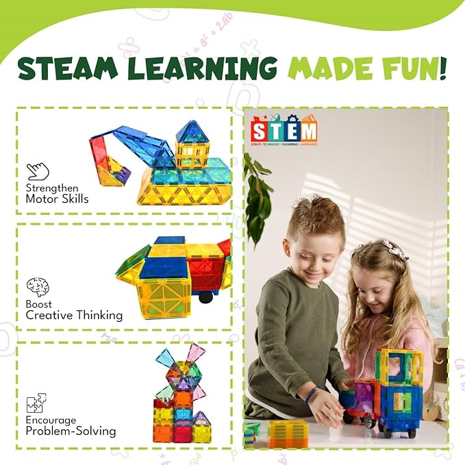 Magnetic Tiles 100 PCS with 2 Cars – STEM Building Blocks for Kids, Educational Gift for Boys & Girls