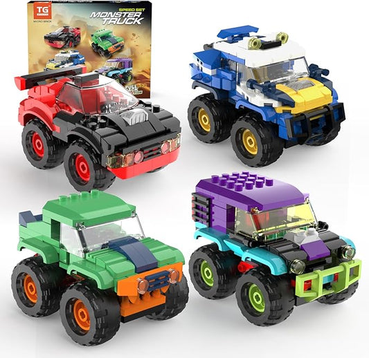 4 Pack Monster Truck Micro Brick Building Blocks Set, Pull Back Car Toy Vehicles Set, Birthday Party Favor or Gift for Teens Ages 8+ Kids