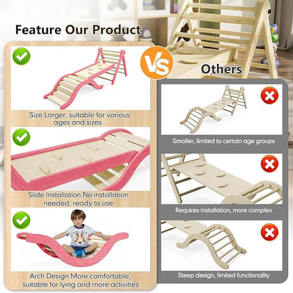 Pikler Triangle Set Climber 5 in 1, Toddler Climbing Toys Indoor Folding with Ramp & Arch & Mat for Montessori Play Gym for Toddlers and Kids (Pink)(105" Wx25 Dx31.5 H)
