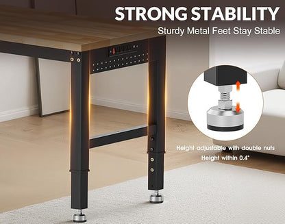 72”Heavy Duty Work Bench, 2-Layer Adjustable Workbench, 5000 LBS Capacity Work Bench with Power Outlet & Pegboard, Rubber Wood Work Table for Garage, Workshop, Office, Home