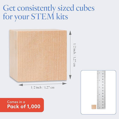 Wooden Blocks, 1/2 Inch Unfinished Wood Blocks for Crafts, Pack of 1000 Wooden Cubes, Plain Wooden Blocks for Baby Shower, Small Blank Wooden Blocks, STEM, Building, Birch Wood Cubes for Crafts