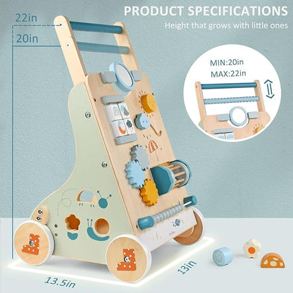 PairPear Wooden Baby Walker, Baby Push Walker, Montessori Walker Toy with Activity Center for Girls Boys, Adjustable Speed Baby Walker for Kids Development