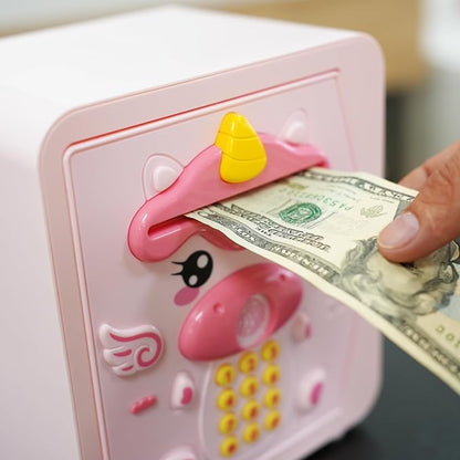 Piggy Bank for Kids - Electronic Money Saving Box w/Code Fingerprint - ATM Safe Toy - Coin Bank Girl Toys for Ages 3 4 5 6 7 8 9 10 Year Old - Birthday Xmas Ideal Gifts for Girls (Pink Unicorn)