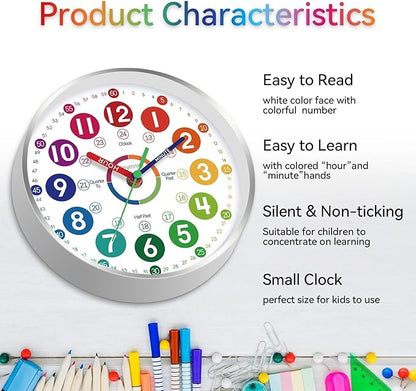 Wall Clock for Kids Learning - Teaching Time Wall Clocks Battery Operated Silent Non Ticking - Analog Colorful Clock Decorative for Kids Room Classroom School(14 Inch&Silver)