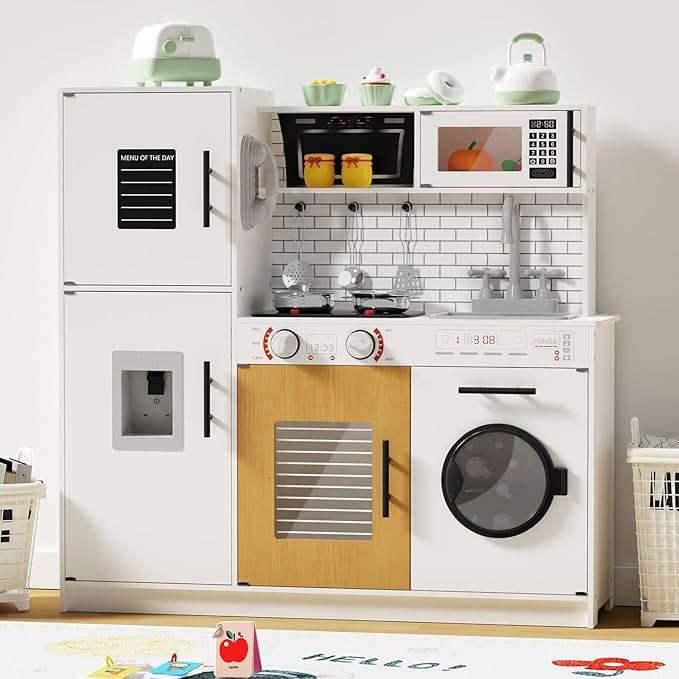 Babytronic Wooden Kitchen Playset for Kids, Interactive Play Kitchen with Lights & Sounds, Children Pretend Toy Kitchen Set with Faucet, Oven, Microwave, Kitchenware for Toddlers Ages 3+ (White)