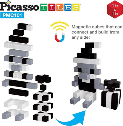PicassoTiles 101pc Magnetic Puzzle Cube Set Black and White 1 Inch Construction Blocks STEM Educational Toy for Kids Age 3 Plus Sensory Learning Kit with Idea Book for Building and Creativity PMC101