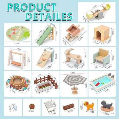 Wooden Doll House Furniture and Accessories Outdoor Play Set for Kids- Includes Slide, Swing, BBQ Grill, Pool & Garden - Perfect Doll House Decor Gift for Children 3-6 Years Birthday Christmas
