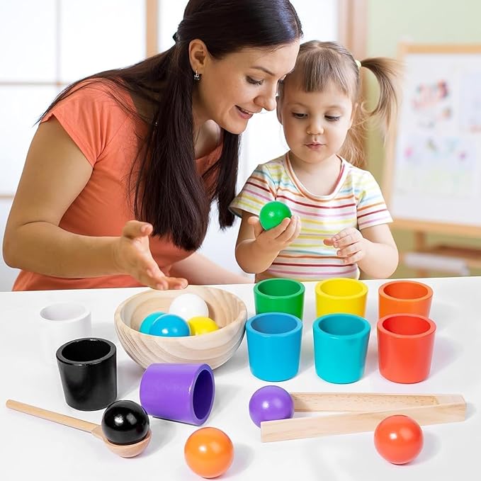 Rainbow Balls in Cups Toddler Toys, Kids Color Classification Cup Game, 10 Color Classification Beads, Wooden Colors Sorting Toy with 10 Ball, Learning Colors Sorting and Counting(12 Color)