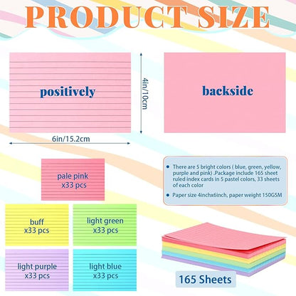 Tecmisse Colored Index Cards 4x6, 165 Pack, Ruled Note Cards, Flash Cards for Studying, Heavy Notecards for Office and School, One Side Lined, One Side Blank