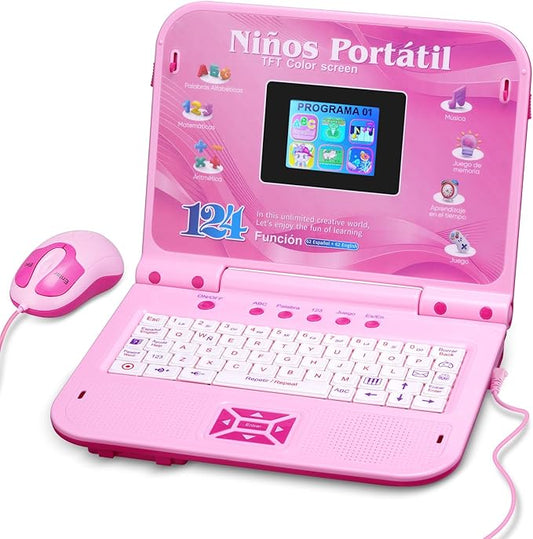 Kids Laptop, Color Screen Bilingual Laptop Spanish/English with 124 Learning Modes, Computer for Kids Ages 5+