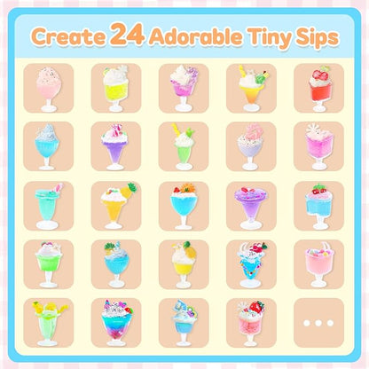 DIY Mini Drink Shop Toy, Making 24 Miniature Juice Drinks Cream Material Kit, NOT Edible, Collectible, Kitchen Pretend Play Food Toys Set, Make Your Foods, Gift for Kids Age 8+