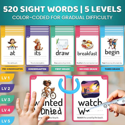 QUOKKA 520 Sight Words Flash Cards for Kids – 5 Levels from Pre-K to 3rd Grade – Bold Font & Jumbo Size & Dry Erase Color-Coded Cards with Rings for Sorting – Based on Dolch & Fry Word Lists