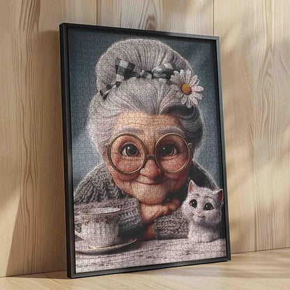 Sweet Grandma 1000 Piece Jigsaw Puzzles for Adults Kitten and Teacup Jigsaw Puzzle for Challenging Family Activity Game Granny Tea Time Artwork Puzzle for Home Decor Unique Gifts 20x27 Inches