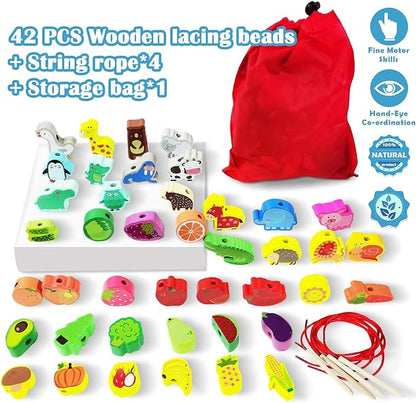 46 PCS Wooden Lacing Beads,Animals Fruits Threading Toys for Toddlers,Preschool Learning Lacing Toys,Montessori Educational Stringing Threading Beads Toys for Kids 3 4 5 6 Year Old Boys Girls